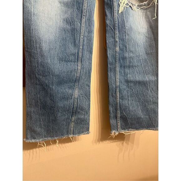 Zara Blue Denim Ripped Raw Hem High-Rise Straight Wide Leg Jeans Size 8 Tall - Picture 4 of 6